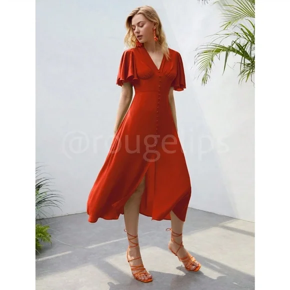 Burnt Orange V-Neck Midi Dress Fit and Flare Butterfly Sleeve Faux Button Front - Picture 2 of 12